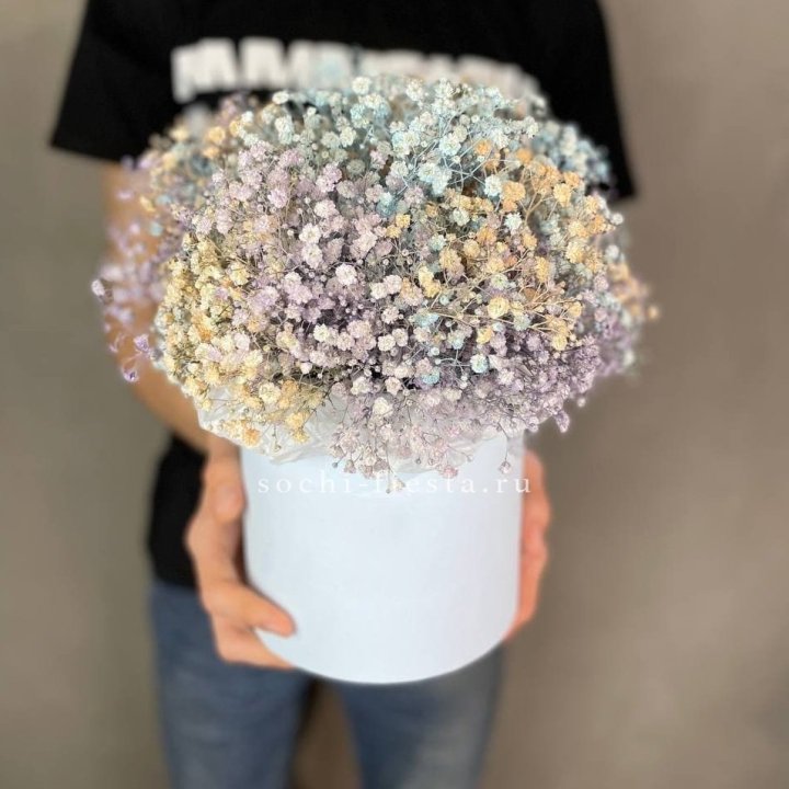 9 Радужных гипсофил в шляпной коробке в Пензе